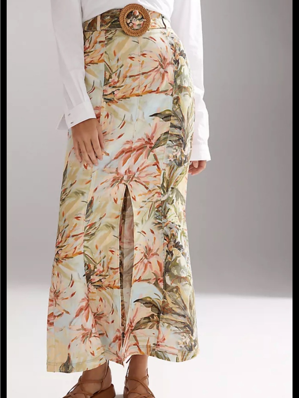 Anthropologie Significant Other Linen Tropical Print Maxi Skirt with Woven Belt